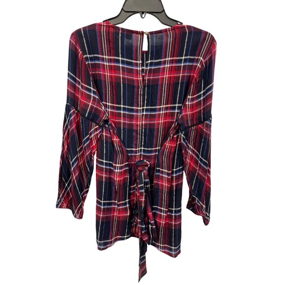 Motherhood Maternity Plaid Tie Back Long Sleeve Shirt Size S Lace Inset Blue Red - Picture 3 of 7